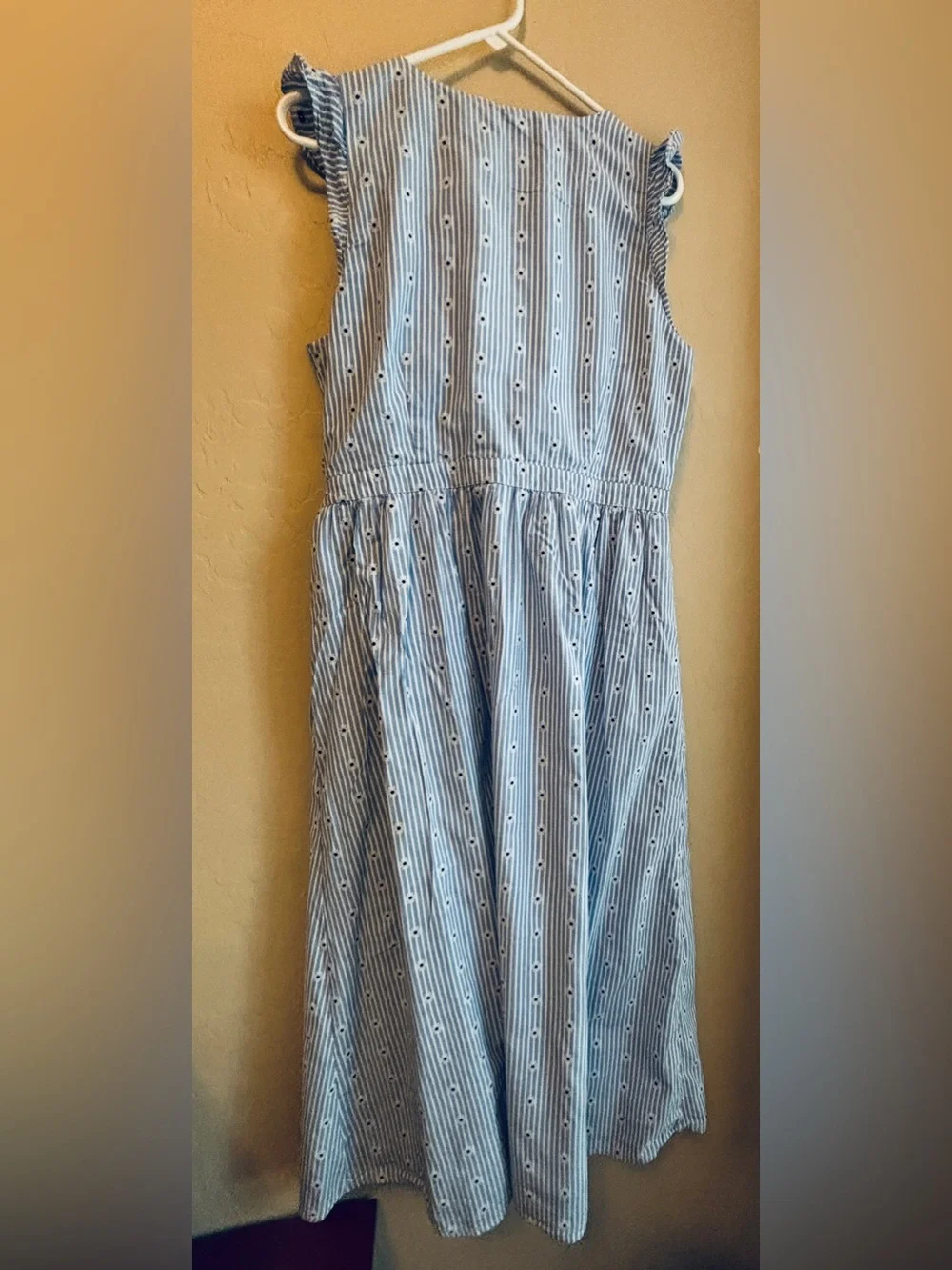 LOFT Light Blue & White Striped Midi Wrap Dress with Ruffle Sleeves Women’s L - Picture 2 of 11